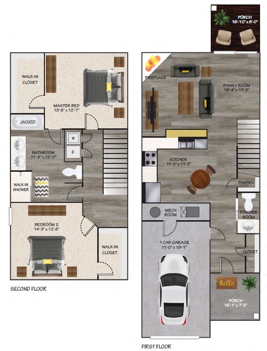 Floor plan for 2 beds, 1.5 baths, 1500 sqft